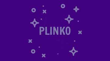 Lila bild med ordet Plinko i mitten av bilden. Linko ringas in av stjärnor och prickar