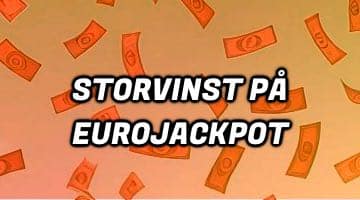 Pengaregn på en orange-färgad himmel. Mitt i bilden står texten: "Storvinst på Eurojackpot"