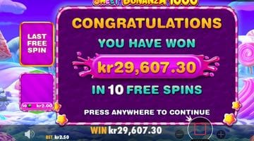 Vinstmeddelande i slotten Sweet Bonanza 1000. I meddelandet står det att spelaren vunnit 29 607,30 kr under en free spins-runda.